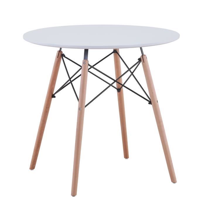 Table de salle à manger ronde moderne BENYLED - Blanc - Pieds en bois de hêtre et cadre en métal - 80x80x75cm