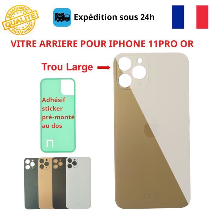 VITRE ARRIERE IPHONE 11 PRO OR LOGO ADHESIF GROS TROU