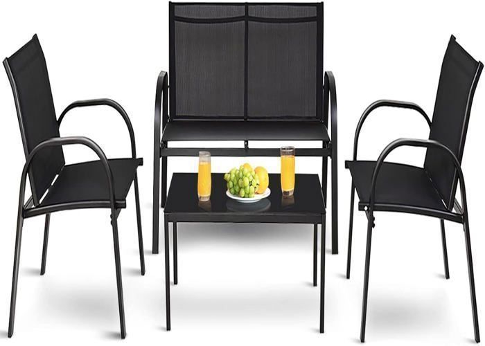GOPLUS Salon De Jardin 4 Personnes - Canapé 2 Places + 2 Fauteuils + Table Basse Verre