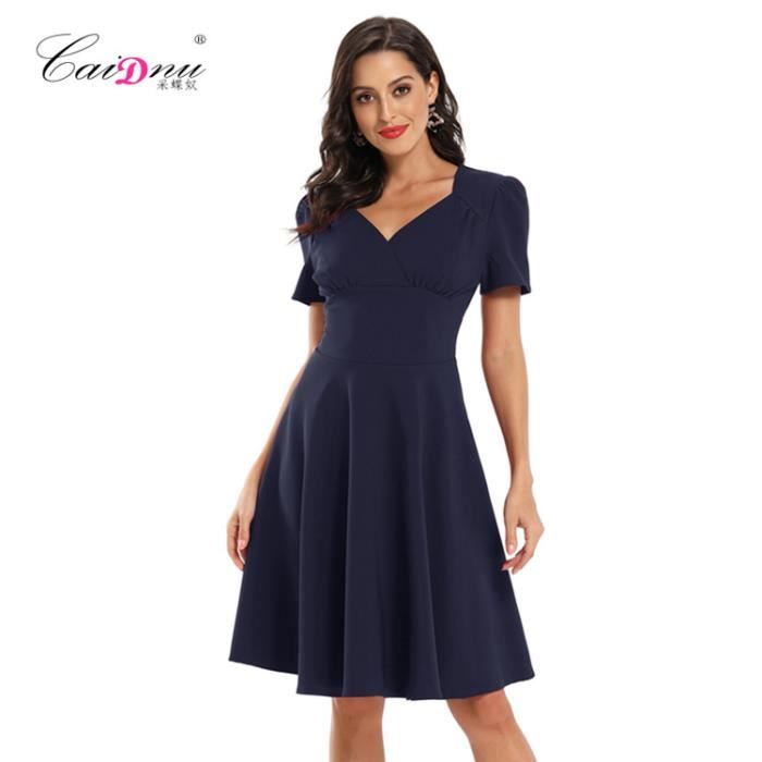 Robe Femme mi longue Col en V Mode elegant Chic Glamour Vintage Plissee couleur unie Bleu GOGUQ Bleu Cdiscount Pret a Porter