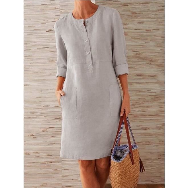 Robe 2020 Mode f minine En Autumne Couleur Unie En Coton Et Lin Robe mi longue Nouvelle O cou manches longues Tenue Type grey