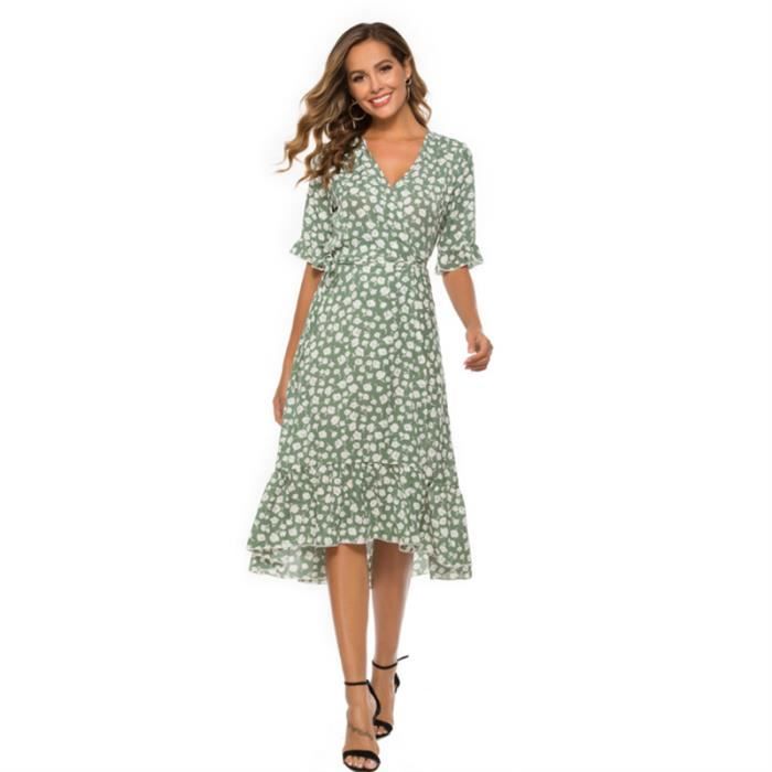 Robe Longue Verte Moutarde à Volants Plissés - Taille 34 à 40, élégante Et Neuve Avec étiquettes