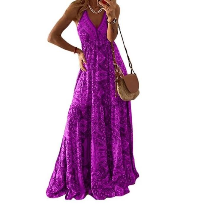 Robe Longue Femme Col V Profond Sans Manches Bohème Plage Mariage - Robe D'Été Taille Haute Fendue