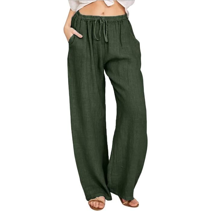 Pantalon Femme Coton Lin Taille Haute Casual Leger Grande Taille Cordon Elastique Ample Pantalon Large Chic avec Poches Jogging Vert Vert Cdiscount Pret a Porter