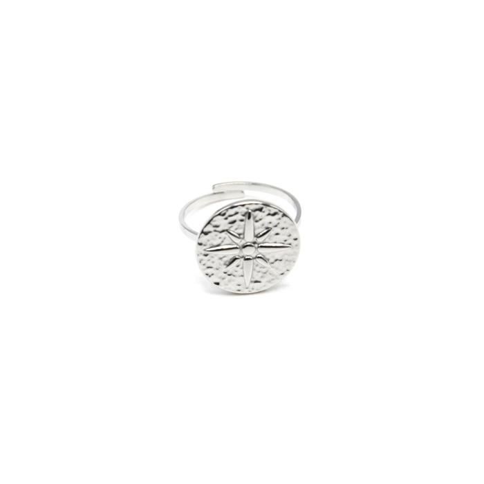 Bg496f Bague Reglable Martelee Avec Etoile Polaire Acier Argente