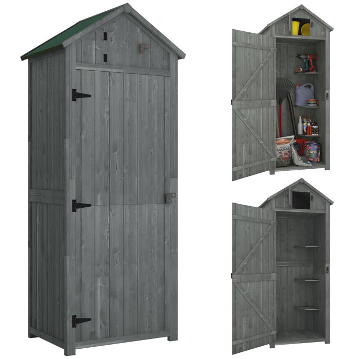Armoire de jardin - Outsunny - abri outils 3 étagères 2 portes toit bitumé stockage extérieur - bois - 77x54x179cm - gris