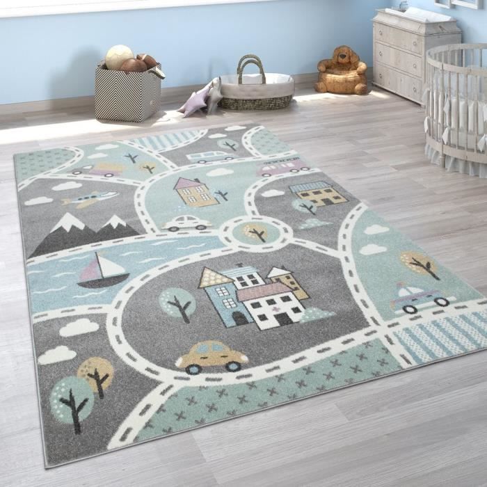 Tapis De Jeu Rond Pour Enfant - Motif Rues Et Routes - 100% Polypropylène, Doux Et Résistant - Pour Chambre, Salon, Salle De Jeux - Vert-gris