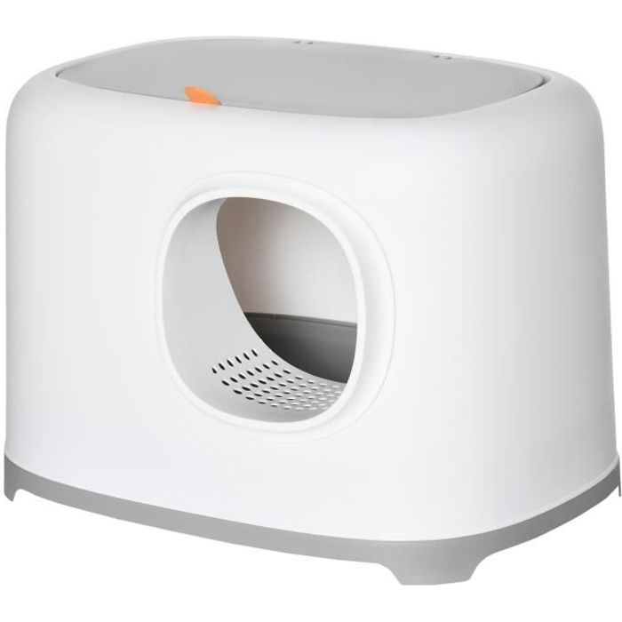Maison de toilette litière pour chat double porte battante et supérieure - pelle incluse - blanc gris clair
