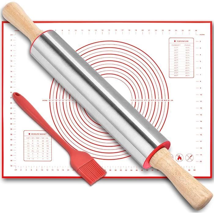 3Pcs Rouleau à Pâtisserie En Acier Avec Tapis De Cuisson Silicone - Kit Complet Pour Enfants Et Adultes - Mesures Intégrées