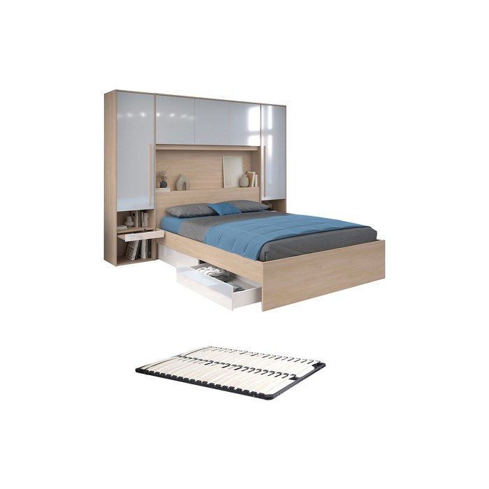 Lit pont 160 x 200 cm avec rangements - avec LEDs - Coloris : Naturel et blanc brillant + Sommier - VELONA