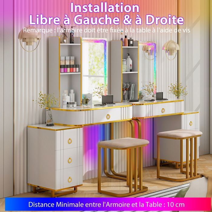 COSTWAY Petite Coiffeuse Avec Miroir LED Et Tabouret - Table De Maquillage Compacte Avec Rangement Et Station De Charge, Blanc