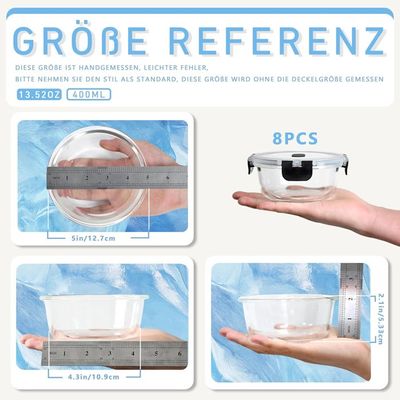 ERUIV Lot De 8 Boîtes Alimentaires En Verre Borosilicate 400 Ml - Hermétiques Et Empilables - Sans BPA
