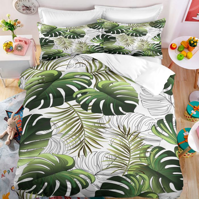 Parure De Lit Double Microfibre Douce - Motif Feuilles Tropicales Palma, Housse De Couette Réversible, 180 Fils/pouce, Vert/marine
