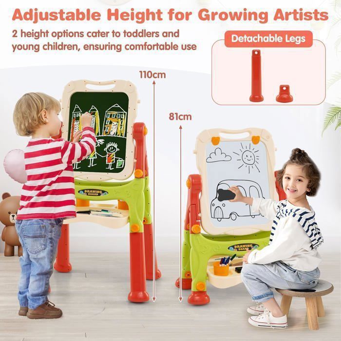 COSTWAY Chevalet Double Face Orientable 360° – Tableau Noir Et Blanc – Hauteur Réglable (81/107 Cm) – Avec Rangement – Dès 3 Ans – Orange