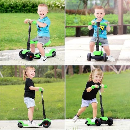 Yoleo 3 En 1 Trottinette Scooter Enfants Avec Siege Amovible Roues A Led Hauteur Reglable 65cm