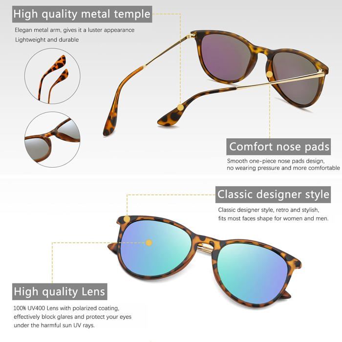Lunettes De Soleil Rétro Femme/homme RRNTTTM – Monture Légère, Verres Polycarbonate UV400, Miroir/dégradé, 49mm, Look Luxe