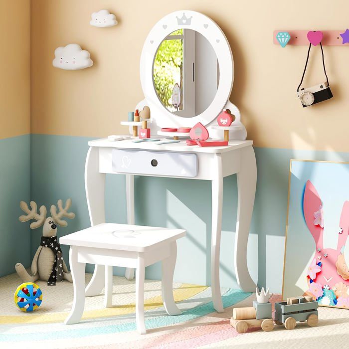 Coiffeuse Enfant Avec Miroir Et Tabouret - Design Moderne - À Monter - Marque Costway