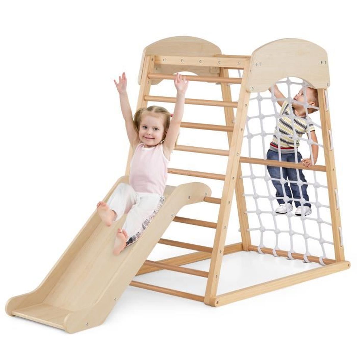 Triangle D'escalade Montessori 8-en-1 En Bois - Pour Enfants 1-6 Ans - Hauteur Réglable, Charge 80kg - Avec Arche, Toboggan, Tente - Pliable