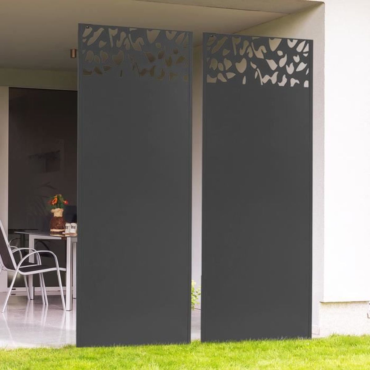 Panneau Décoratif Métal Flower 150x50cm Gris - Pour Terrasse Et Jardin - 4 Modes Fixation