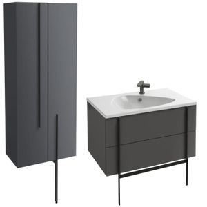 MEUBLE VASQUE - PLAN Meuble lavabo simple vasque 80 cm JACOB DELAFON Nouvelle Vague gris brillant + colonne de salle de bain 2 portes + miroir
