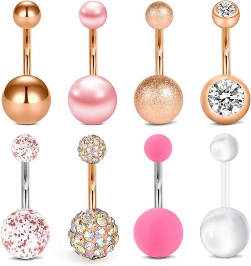 Piercings Nombril Acier Chirurgical 14G - 8 Modèles Avec Perles, Cristaux + Boules De Rechange - Pour Femme - Hypoallergénique