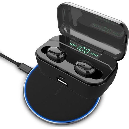 2 en 1 Écouteur Bluetooth 5.0 + 10 W Chargeur sans Fil, TWS Micro Oreillette Étanche IPX7 3500mAh Boîte de Charge Imperméable LED