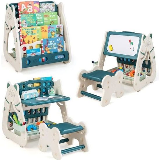 Tableau Enfants 4 En 1 Avec Tabouret - Tableau Blanc/noir Magnétique - Rangement Bacs Tissu - Thème Renard - 11