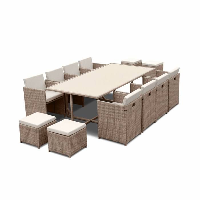 Salon de jardin 8-12 places – Vabo – Coloris Beige, Coussins Beige, table encastrable