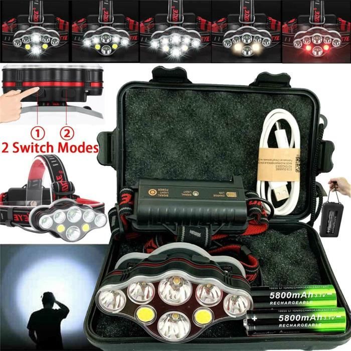 Lampe Frontale Puissante, Lampe Torche LED Rechargeable avec 8 LEDs/Étanche/ Câble USB