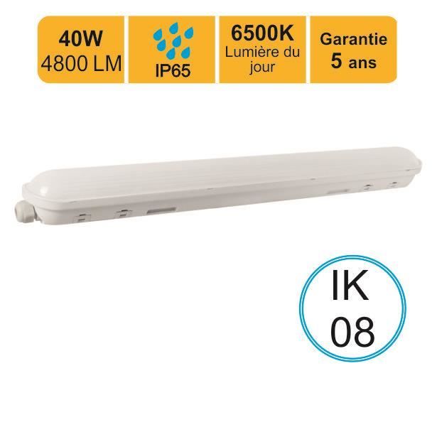 Réglette LED étanche 1200mm 40W (Equiv. 2x36W) 4800 LM - interconnectable - Lumière du jour (6500K) IP65