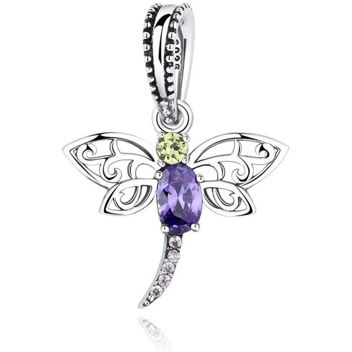DIAN Jewellery Libellule Violet Pendentif 925 Argent Sterling - Breloque pour Européen Breloque Bracelet Collier - Insectes Bijoux