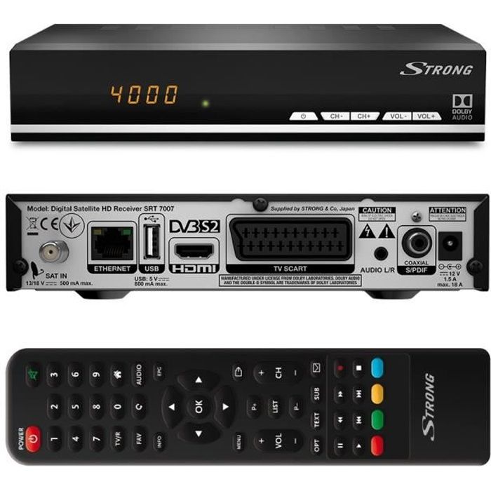 Strong SRT 7007 Décodeur Satellite Sat HD Free to Air avec affichage (Récepteur TV, HDMI, SCART, USB) noir