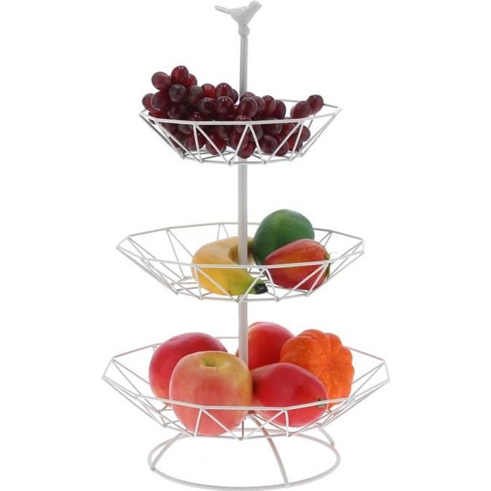 Corbeille à fruits en métal à 3 étage en fer forgé en blanc pour Salon -BOT