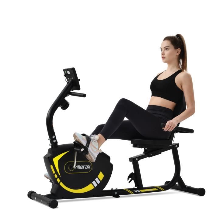 Vélo d'appartement semi-allongé Vélo Couché Magnétique 8 Niveaux de résistance Masse d'inertie 15kg, LCD+Capteurs de Pouls, Rouge