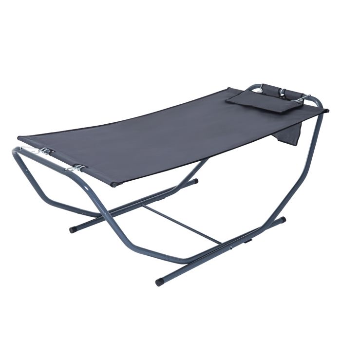 Hamac de jardin avec support sur pied 2,27 x 0,94 x 0,69 m grand confort têtière pochette rangement métal époxy textilène doublé
