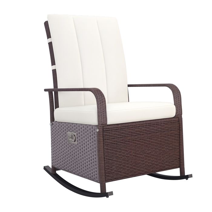 Rocking chair fauteuil à bascule grand confort style cosy coussins assise dossier déperlant crème résine tressée imitation rotin