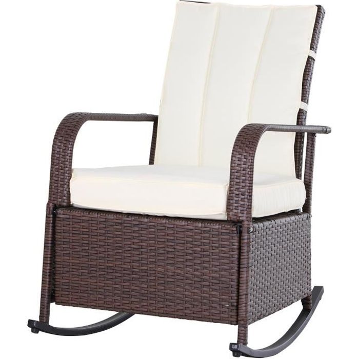 Rocking chair fauteuil à bascule grand confort style cosy coussins assise dossier déperlant crème résine tressée imitation rotin