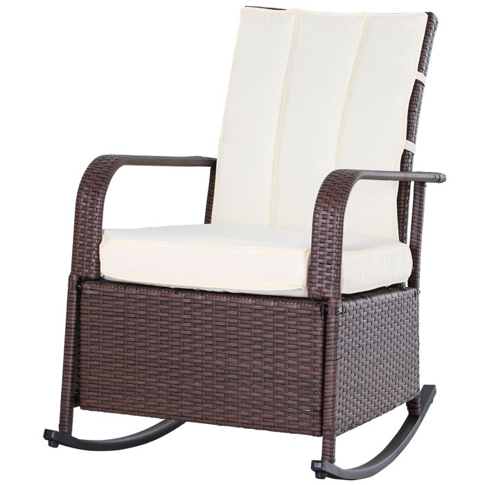 Rocking chair fauteuil à bascule grand confort style cosy coussins assise dossier déperlant crème résine tressée imitation rotin