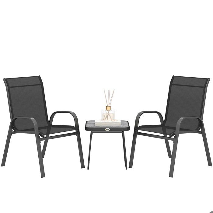 Salon de jardin bistro 2 personnes 3 pièces - plateau effet béton ciré acier époxy textilène noir 45x45x45cm Noir