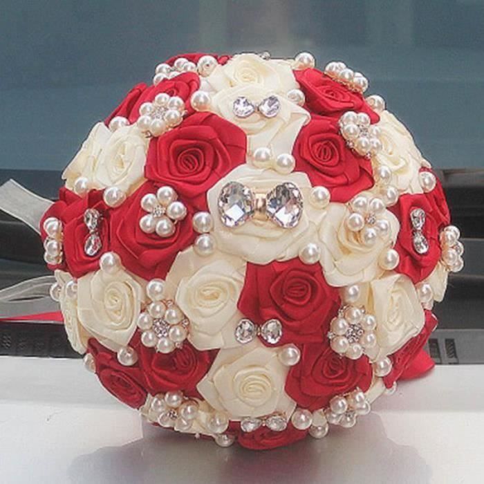ZA27485-(Vin rouge + lait)21 CM mariage fleurs Simple perle diamant mariée Bouquet ruban Simulation fleur pour décoration de maria