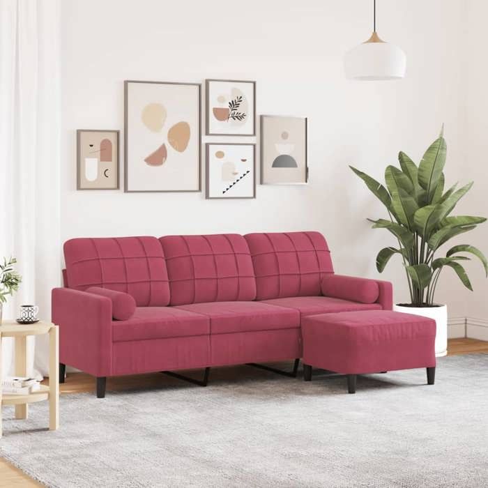vidaXL Canapé à 3 places et repose-pieds Rouge bordeaux 180 cm Velours canapé canapé de salon canapé 3 places en velours 3278271