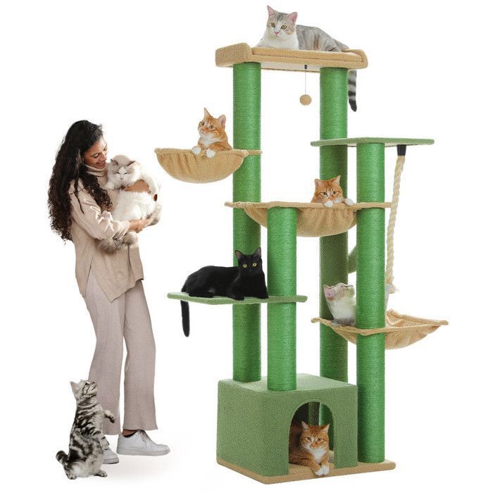 Comparer les prix de PAWZ Road Grand Arbre a Chat, Arbre à Chat avec Poteaux XXL 11 cm en Sisal, Hamacs Spacieux, Condo & Perchoir, 170 cm, Vert
