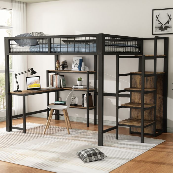 Lit mezzanine - LANGTU - LOFT 90x200 - Métal & MDF - Bureau intégré - Armoire & étagères