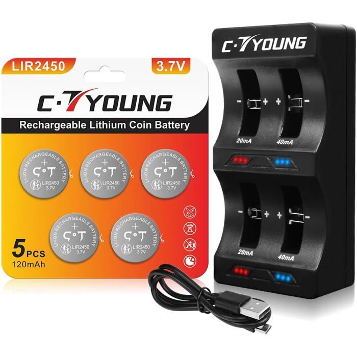 Lot de 5 piles bouton rechargeables au lithium 2450 - 3,7 V - Avec ...