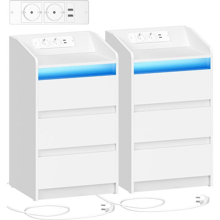 Table de Chevet Lot de 2 avec 3 Tiroirs Table dAppoint avec Station de Charge et LED 2 Prises CA et 2 Ports USB Blanc