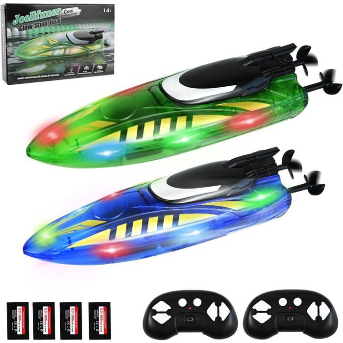 2 Bateaux Télécommandés RC Avec LED – 2,4 GHz Haute Vitesse – Autonomie 30 Min – Piscine Et Lac – Bleu Et Vert