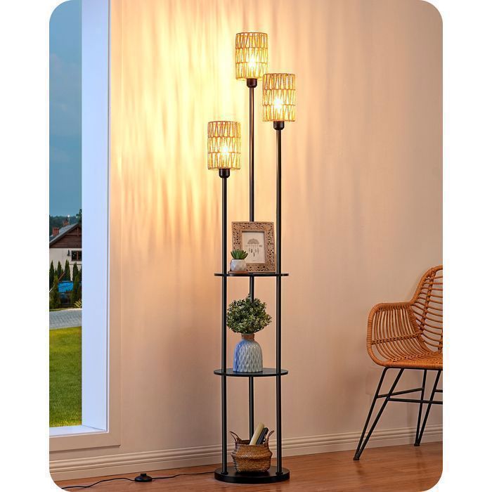 EDISHINE Lampadaire sur Pied avec Étagère 178 cm 3 Abat-Jours en Rotin Naturel 3 Ampoules E27 LED Incluses Interrupteur au Pied