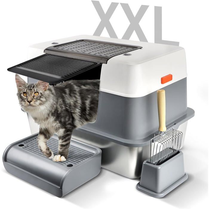 Meilleurs prix pour BAC A LITIERE - WOODOURS - Bac litière inox XXL avec couvercle + pelle + pédale facile à nettoyer gris