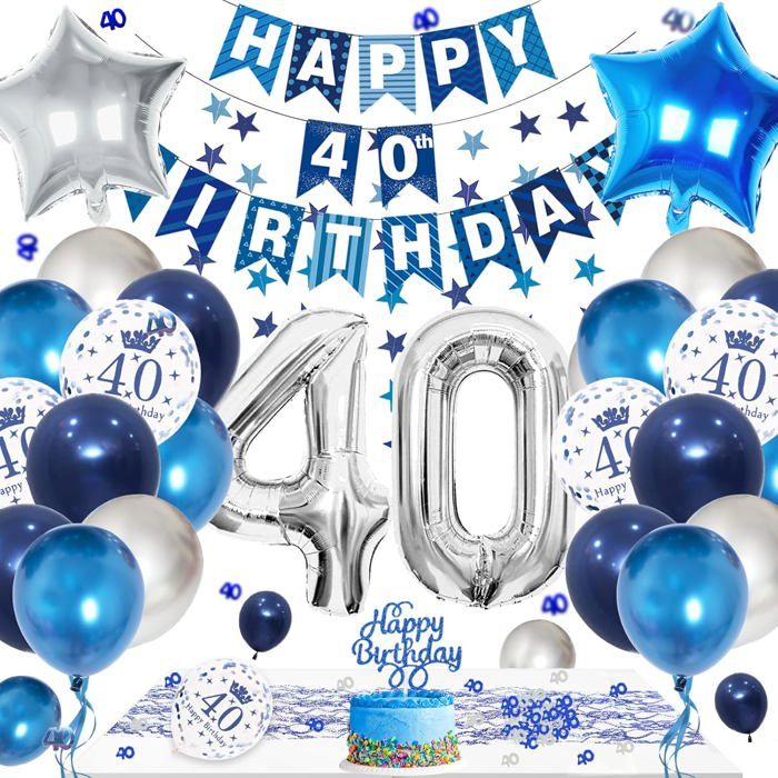 Ballon 40 Ans Anniversaire Homme Décorations De 40e Anniversaire Pour Homme Et Femme, Bannière Bleue Thème Anniversaire Adulte Bleu