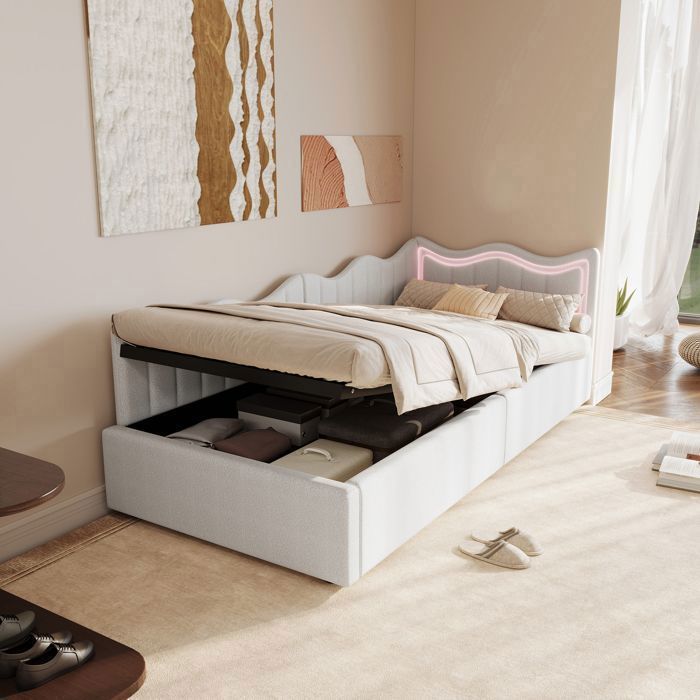 Lit enfant 90x200 cm ADWOLT lit coffre 90x200 avec LED Canapé lit avec sommier à lattes Structure de lit Velours Blanc